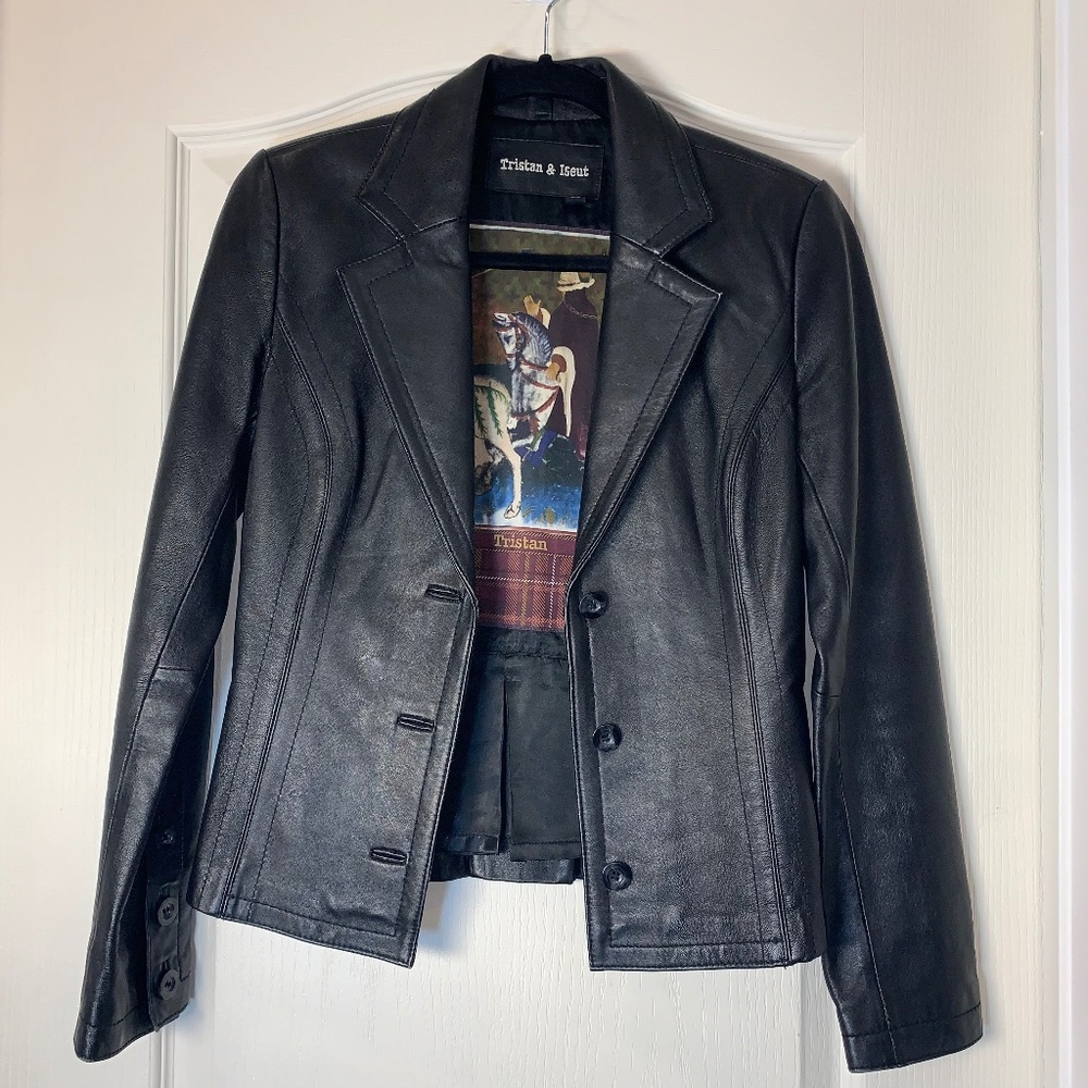 Vintage Tristan & Iseult Genuine‎ Leather Jacket XS Black Fitted Lined Statement